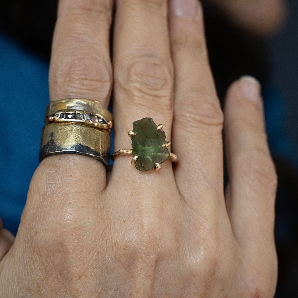 Moldavite Medium Stone Ring on a Yellow Gold Band