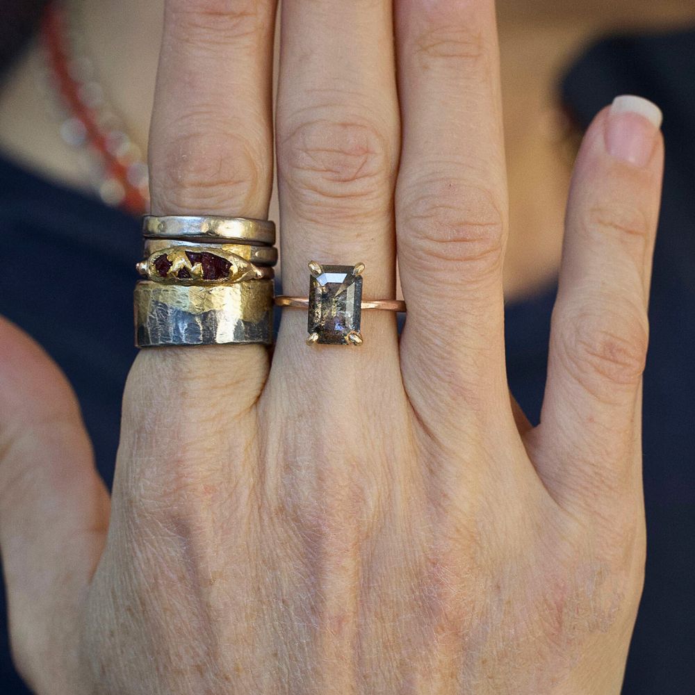 Rectangular Salt and Pepper 2.24CT Rose Cut Diamond on a Rose Gold Band