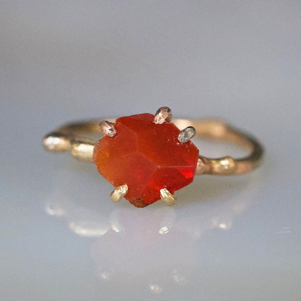 Mexican Fire Opal Small Stone Ring on a Yellow Gold Band