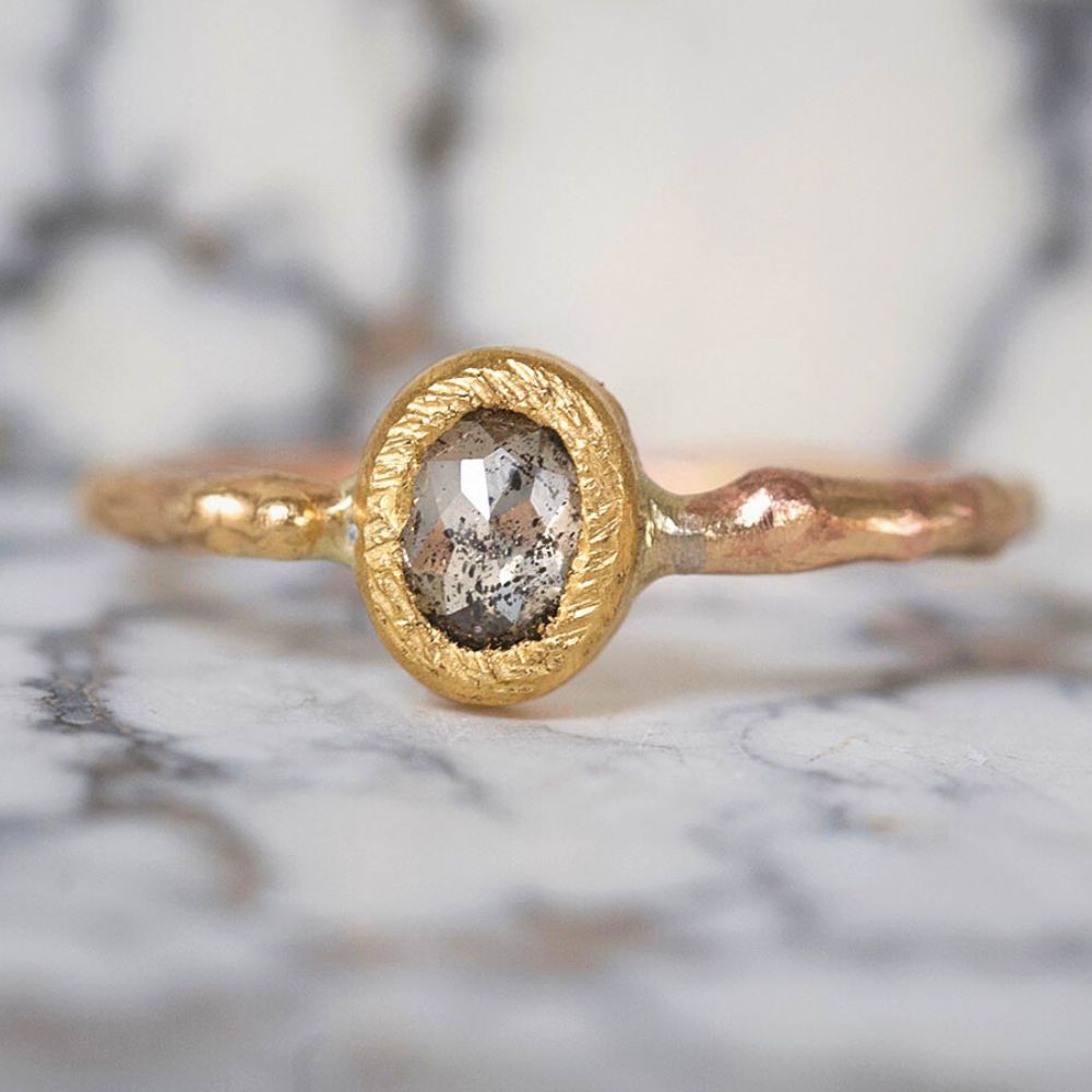 Salt and Pepper Rose Cut Diamond Ring on a Yellow Gold Band
