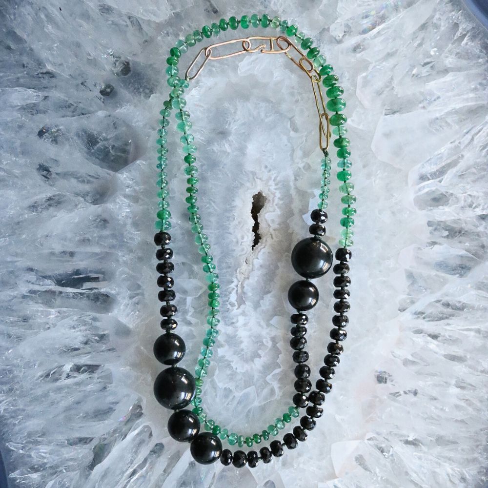 Emerald, Black Spinel and Black Jade Long Strand