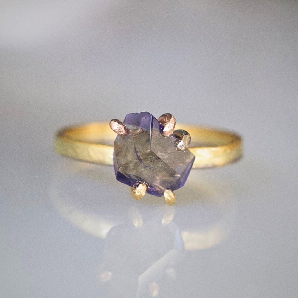 Iolite Small Stone Ring on our 2MM Gold Skinny Seamed Band