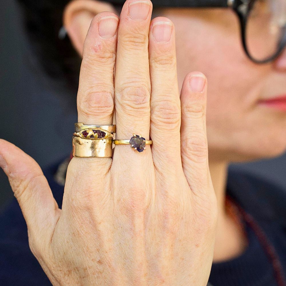 Iolite Small Stone Ring on our 2MM Gold Skinny Seamed Band