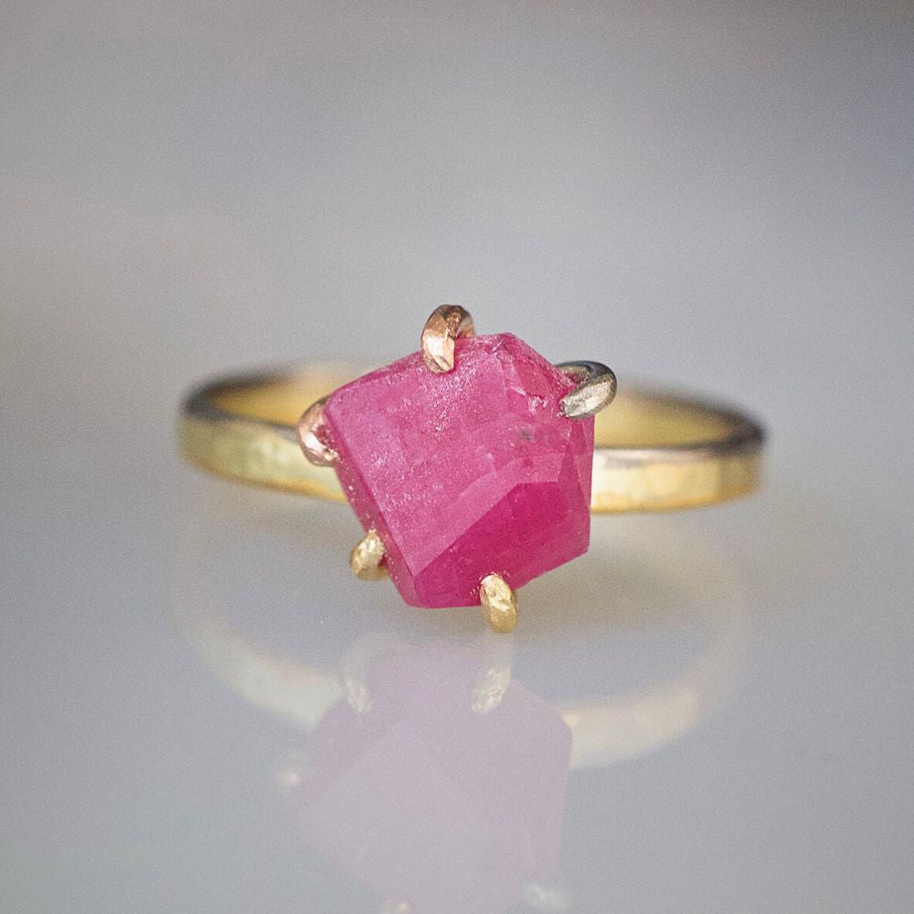 Ruby Small Stone Ring on our 2MM Gold Skinny Seamed Band