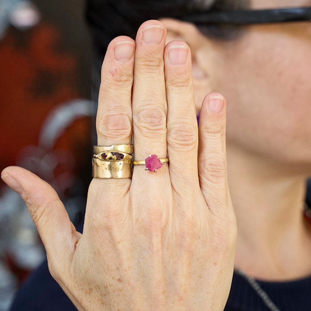 Ruby Small Stone Ring on our 2MM Gold Skinny Seamed Band