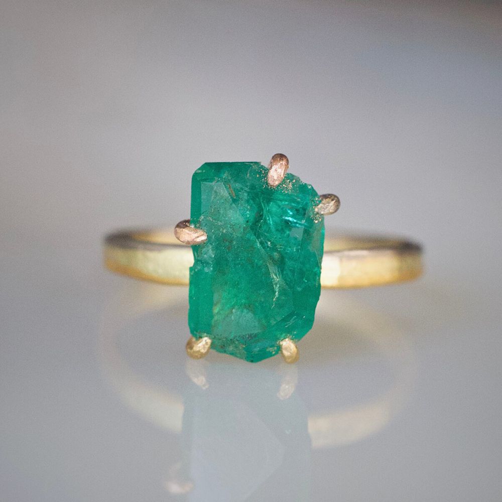 Zambian Emerald Medium Stone Ring on our 2MM Gold Skinny Seamed Band