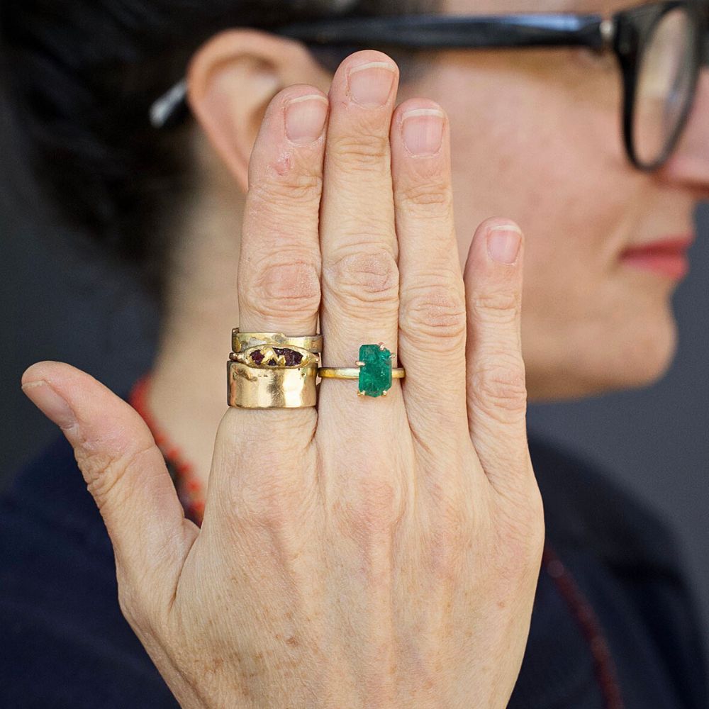 Zambian Emerald Medium Stone Ring on our 2MM Gold Skinny Seamed Band