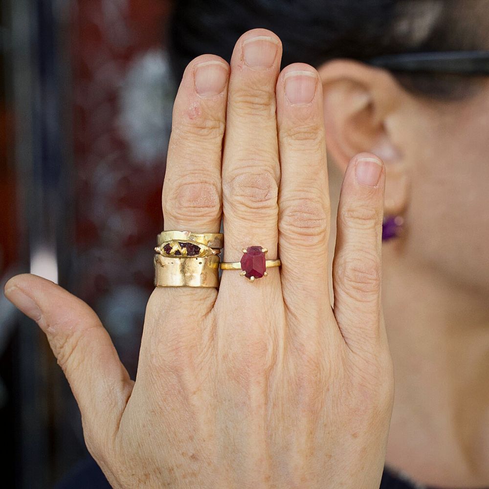 Exceptional Ruby Medium Stone Ring on our 2MM Gold Skinny Seamed Band