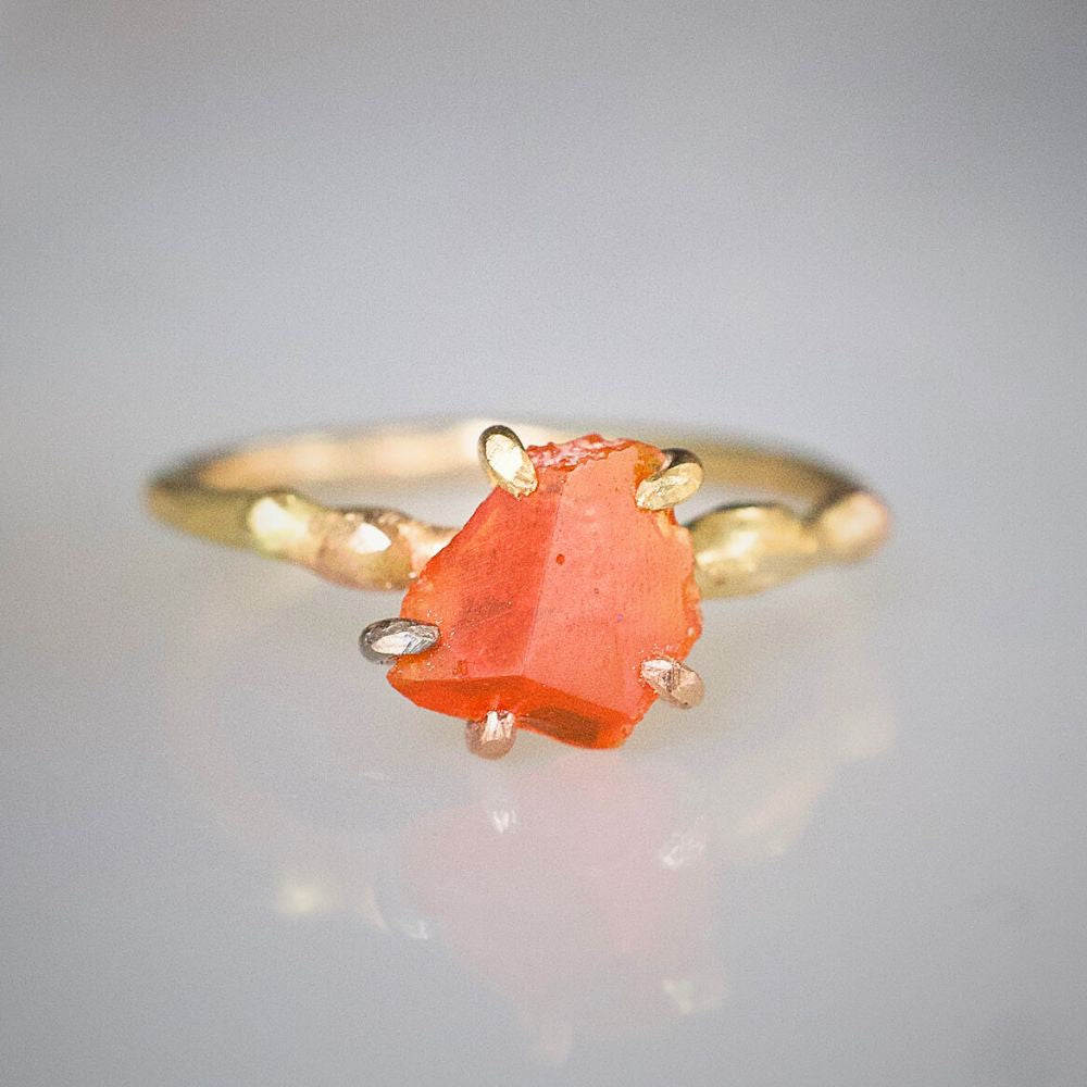 Mexican Fire Opal Small Stone Ring on a Yellow Gold Band