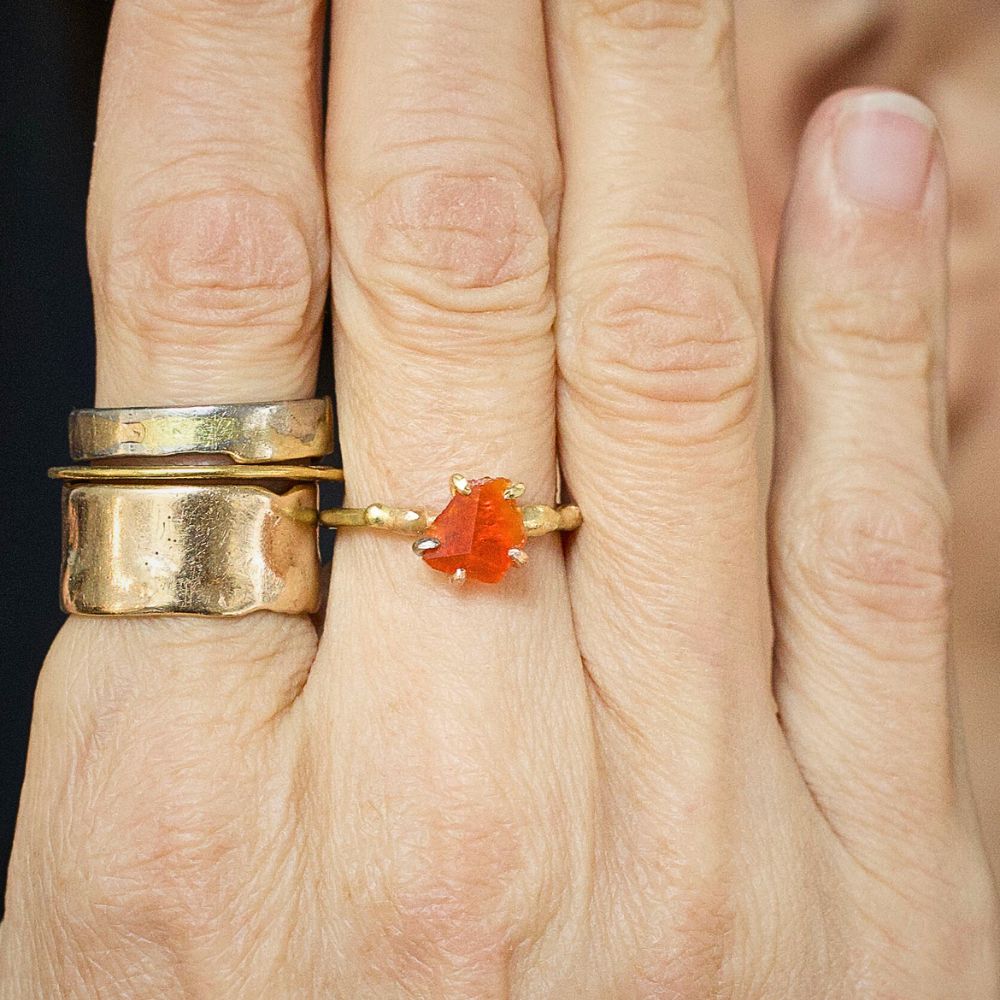 Mexican Fire Opal Small Stone Ring on a Yellow Gold Band