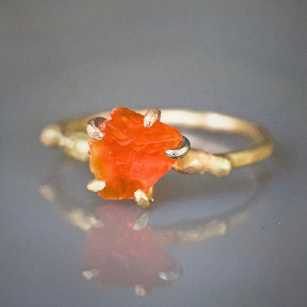 Mexican Fire Opal Small Stone Ring on a Yellow Gold Band