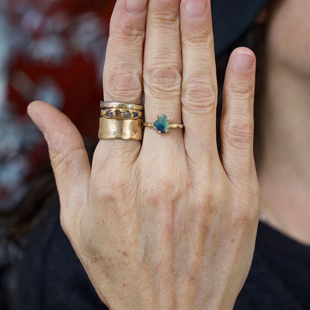 Peruvian Opal Small Stone Ring on a Yellow Gold Band