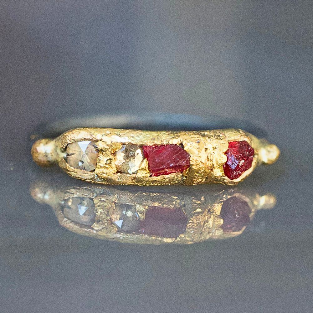 Unheated Tanzanian Ruby and Rose Cut Diamond Band