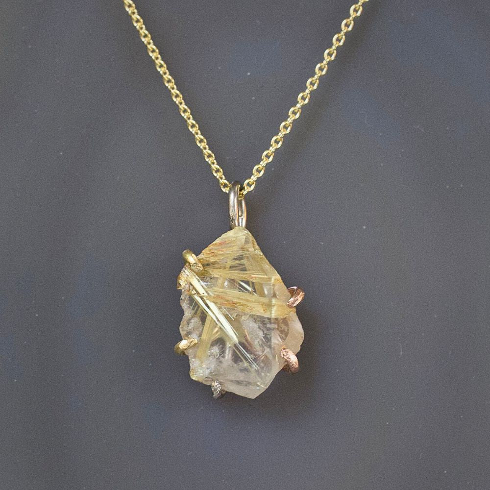 Rutilated Quartz Small Pendant with a Yellow Gold Cable Chain