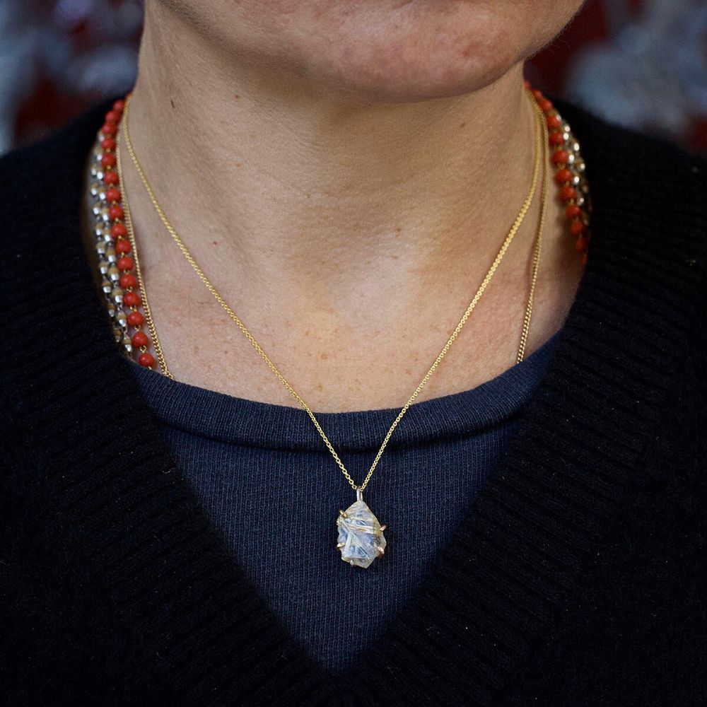 Rutilated Quartz Small Pendant with a Yellow Gold Cable Chain