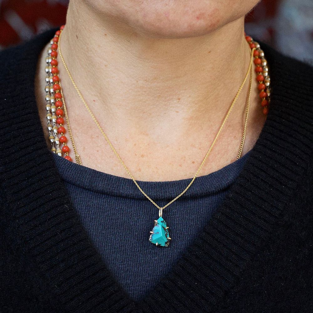 Zambian Turquoise Small Pendant with a Yellow Gold Cable Chain