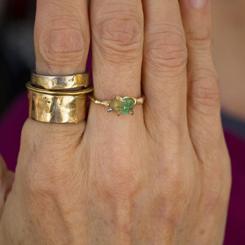 Bi Color Tourmaline Small Stone Ring on a Yellow Gold Band