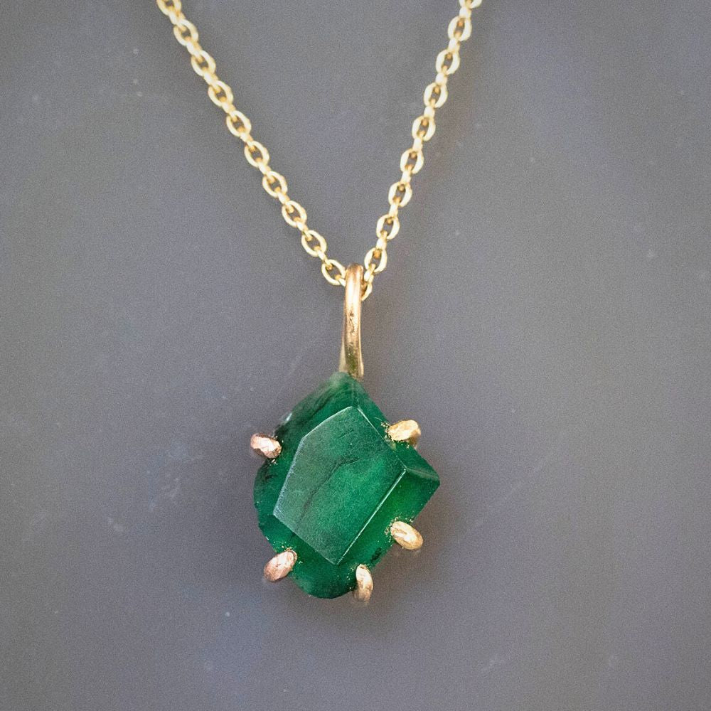 Brazilian Emerald Small Stone Pendant with a Yellow Gold Cable Chain