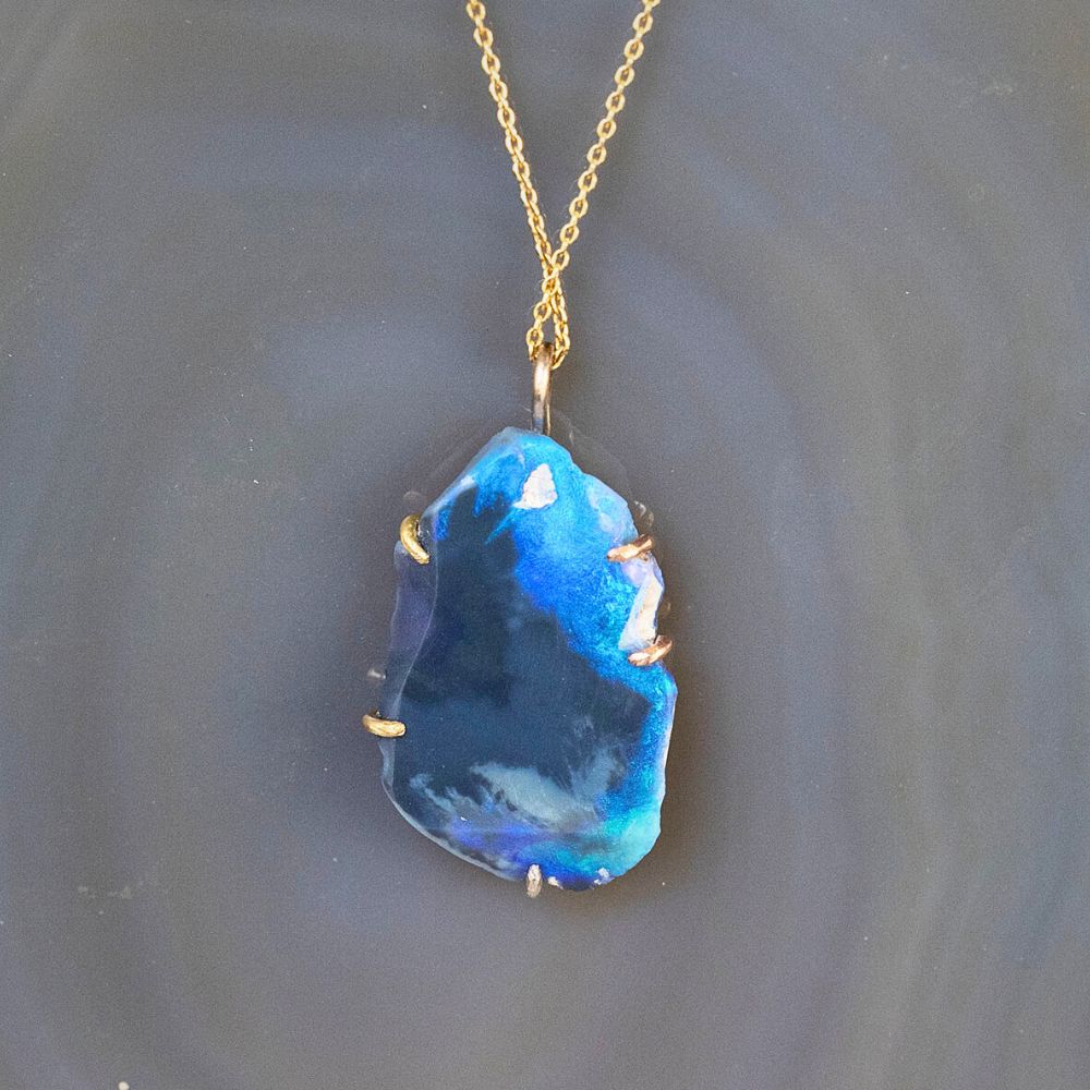 Australian Dark Opal Large Stone Pendant with a Yellow Gold Cable Chain