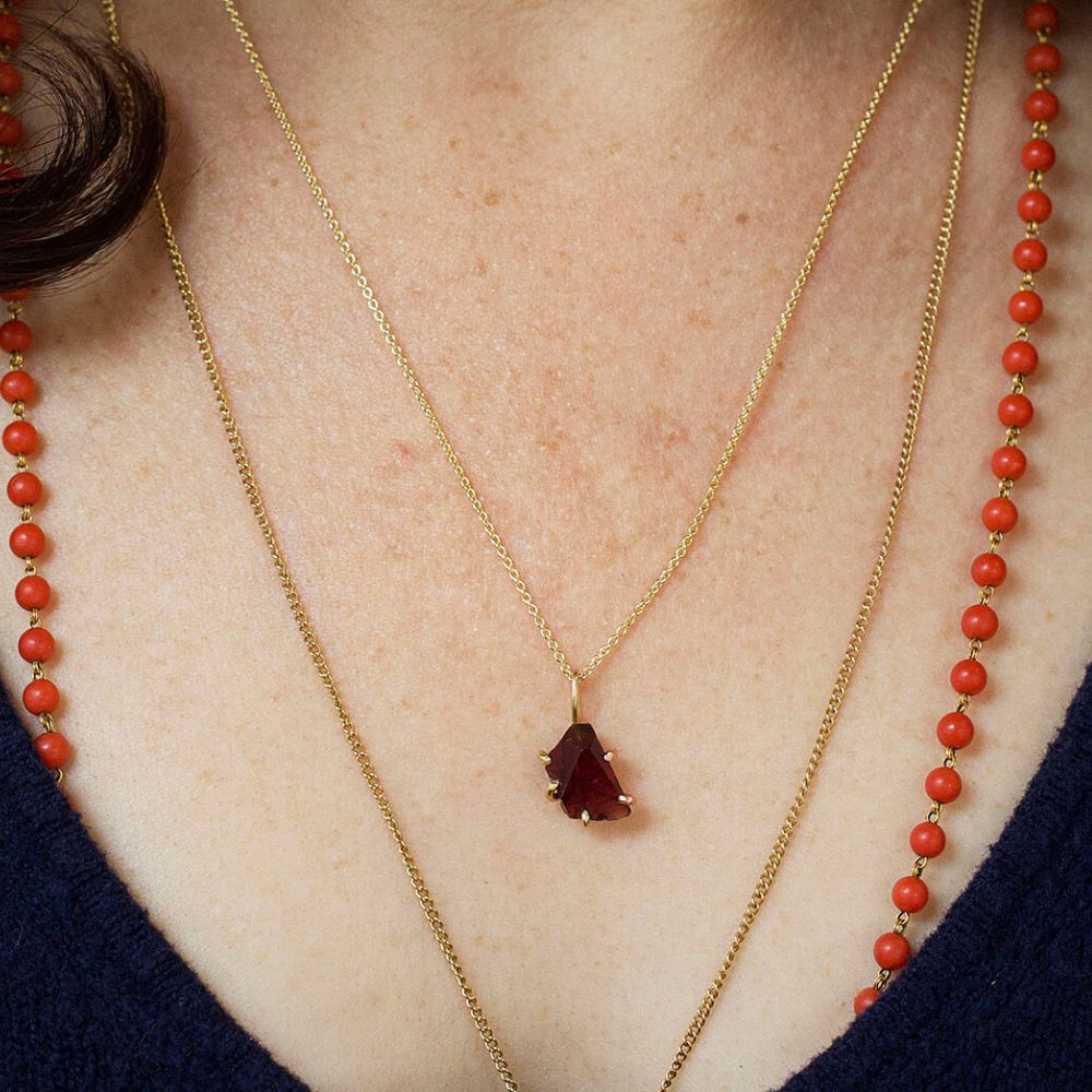 Garnet Small Stone Pendant with a Yellow Gold Cable Chain