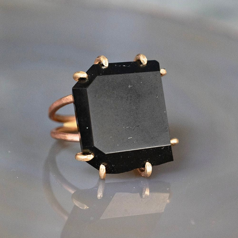 Wyoming Black Jade Extra Large Stone Ring on a Double Rose Gold Band