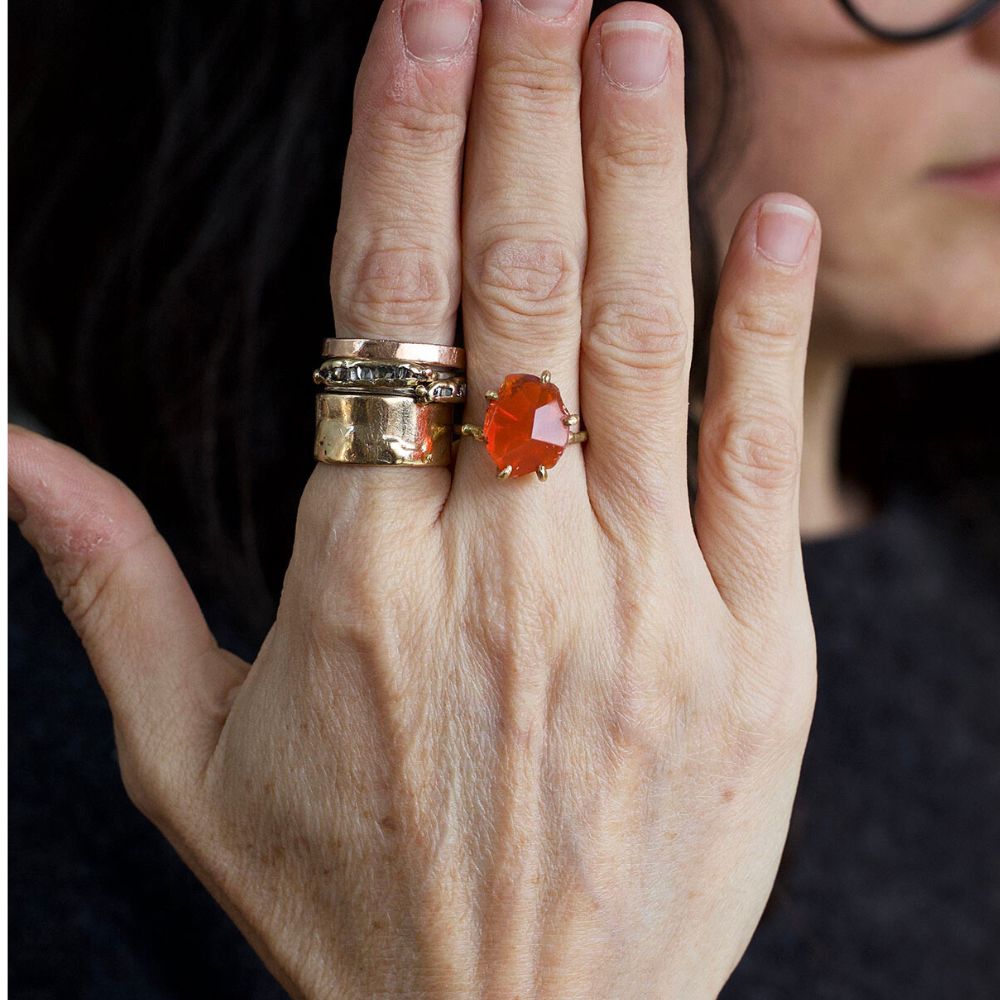 Mexican Fire Opal Medium Stone Ring on a Yellow Gold Band