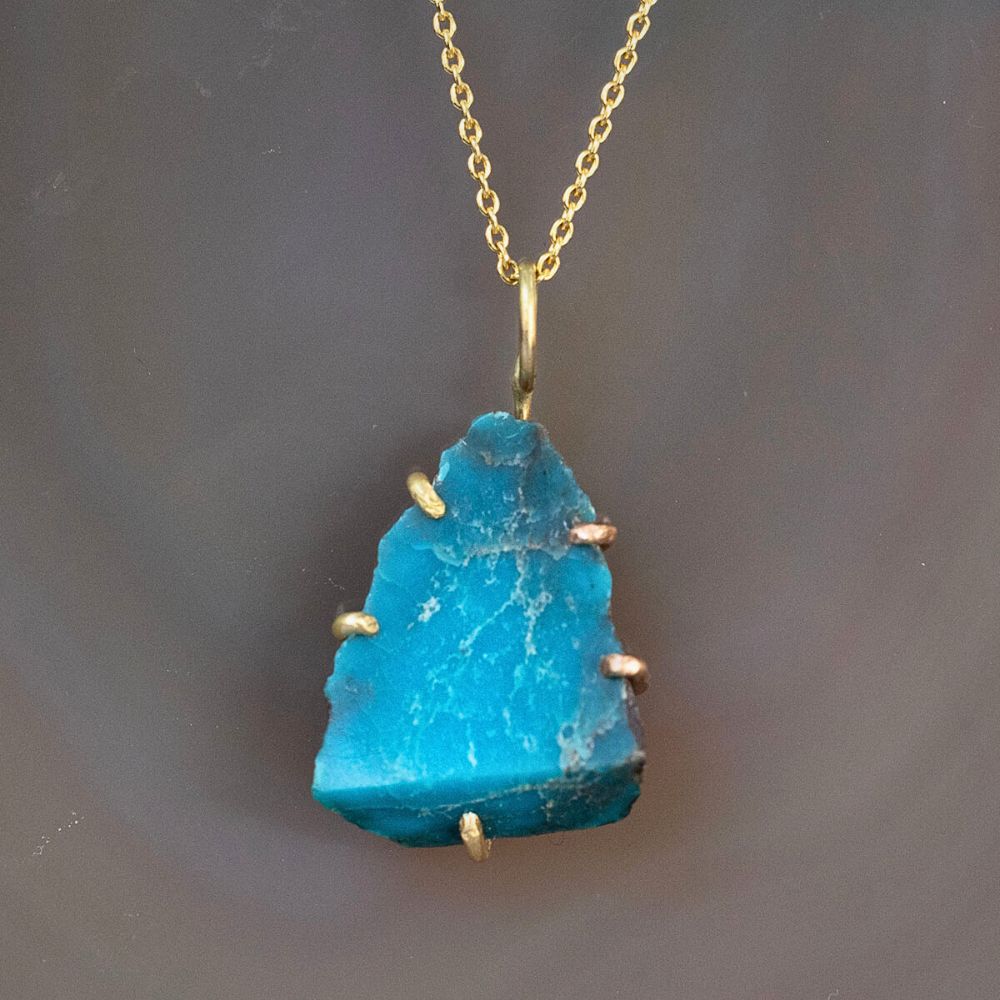 Zambian Turquoise Medium Stone Pendant with a Yellow Gold Cable Chain