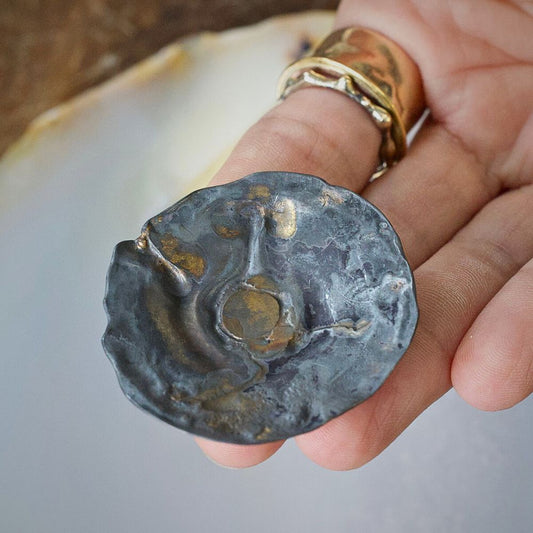 handmade medium dish jewelry holder oxidized sterling silver and a gold blend of 14k yellow, rose white gold, 18k, 22k and 24k yellow gold