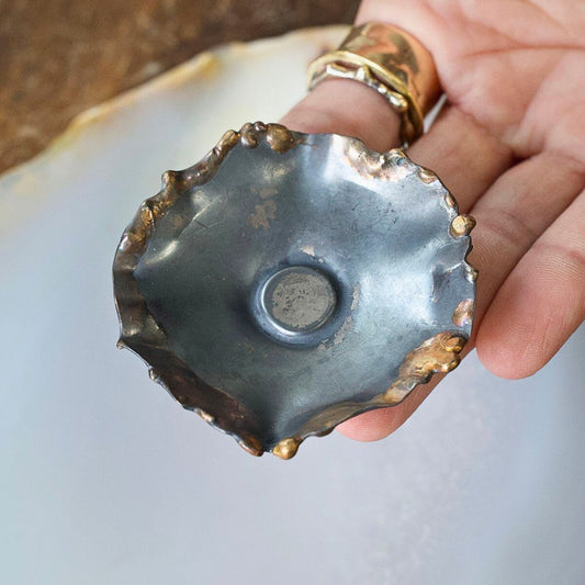 handmade large fluted dish jewelry holder oxidized sterling silver and a gold blend of 14k yellow, rose white gold, 18k, 22k and 24k yellow gold
