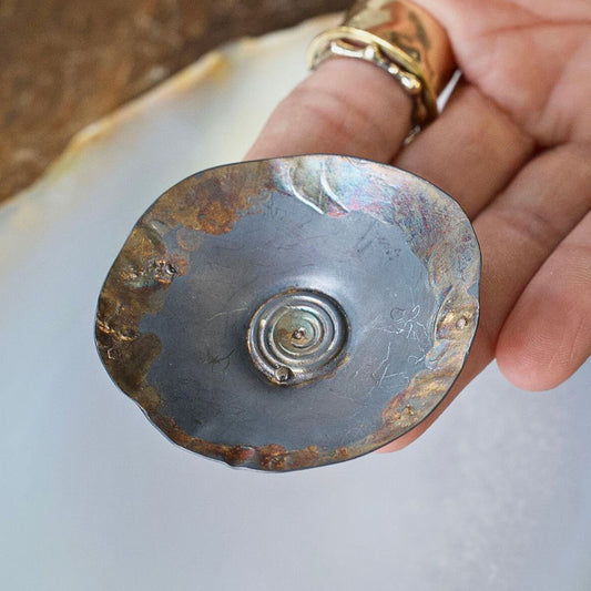 handmade large spiral dish jewelry holder oxidized sterling silver and a gold blend of 14k yellow, rose white gold, 18k, 22k and 24k yellow gold