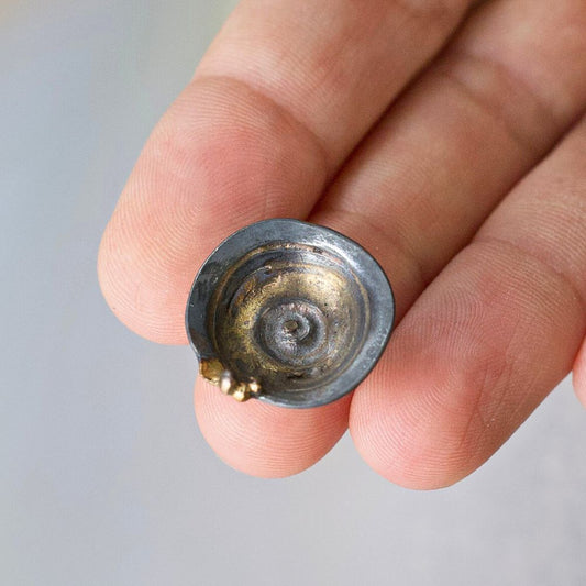 handmade tiny dish jewelry holder oxidized sterling silver and a gold blend of 14k yellow, rose white gold, 18k, 22k and 24k yellow gold