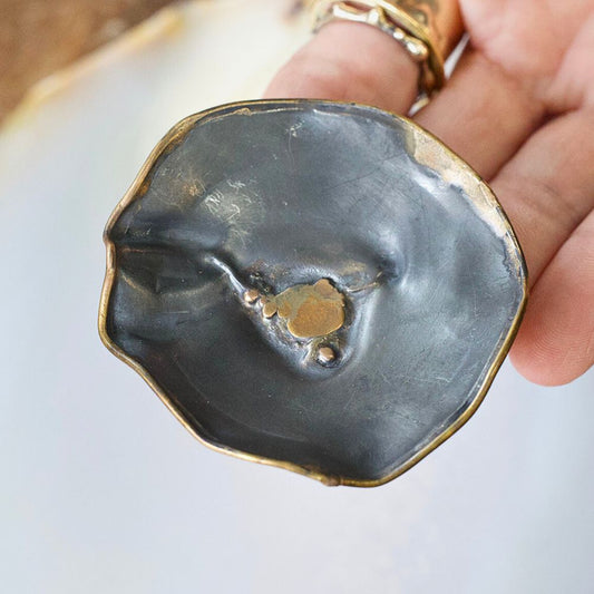 handmade large fluted dish jewelry holder oxidized sterling silver and a gold blend of 14k yellow, rose white gold, 18k, 22k and 24k yellow gold