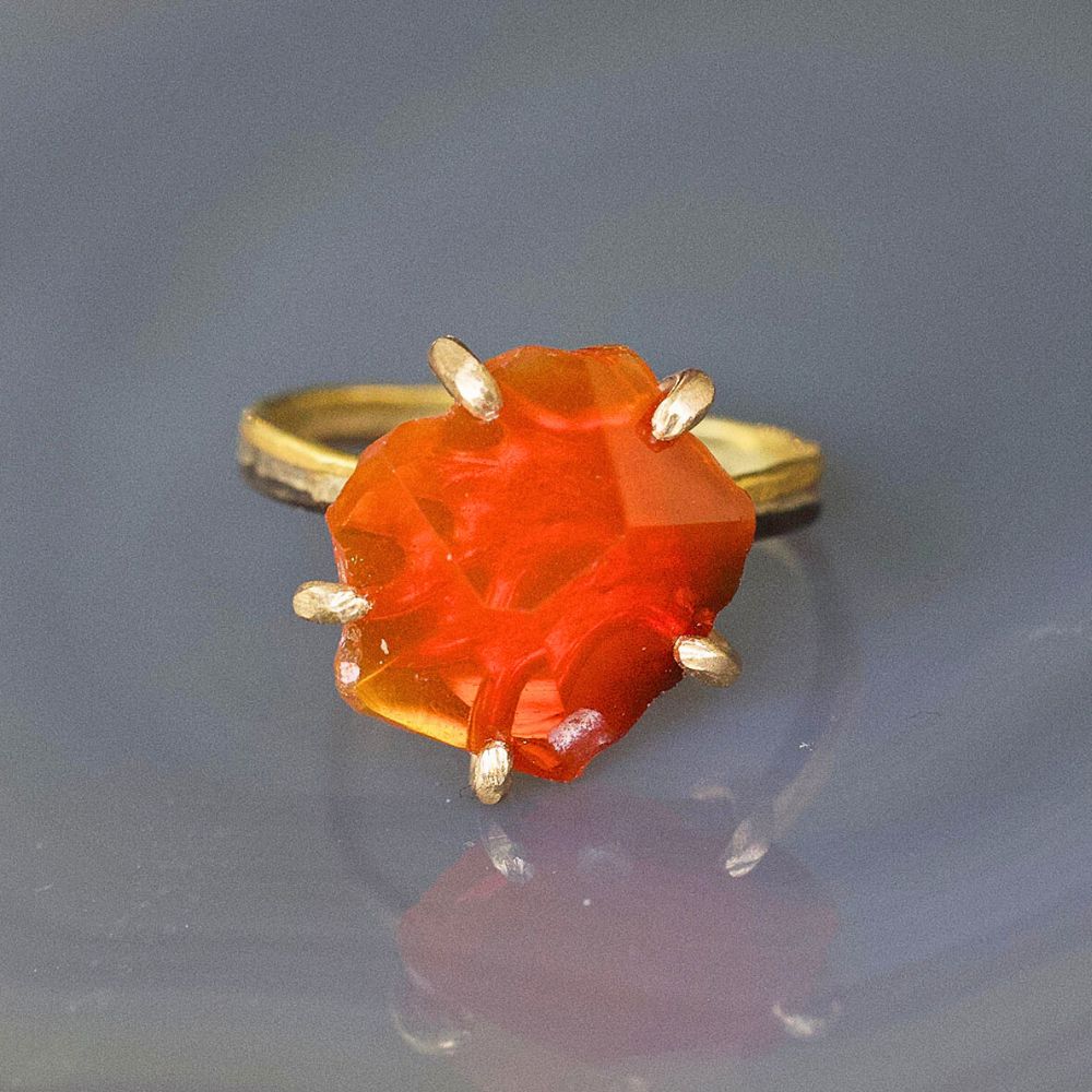 Mexican Fire Opal Medium Stone Ring on our 2MM Gold Skinny Seamed Band