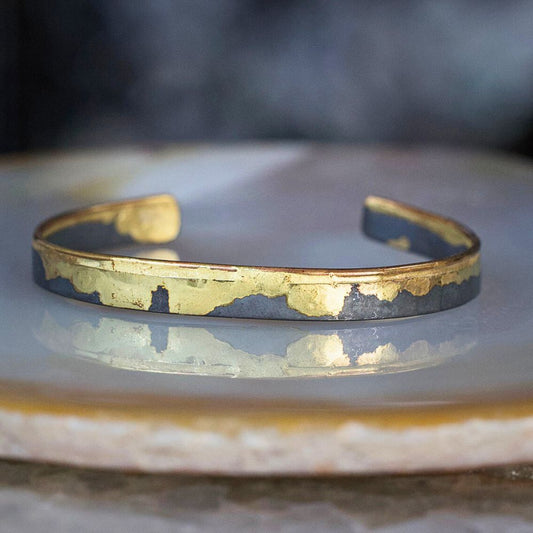handmade gold edge cuff bracelet with oxidized silver