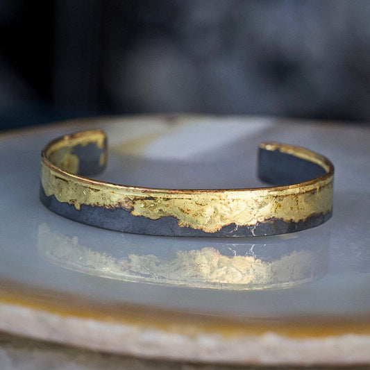 handmade gold edge cuff bracelet with oxidized silver