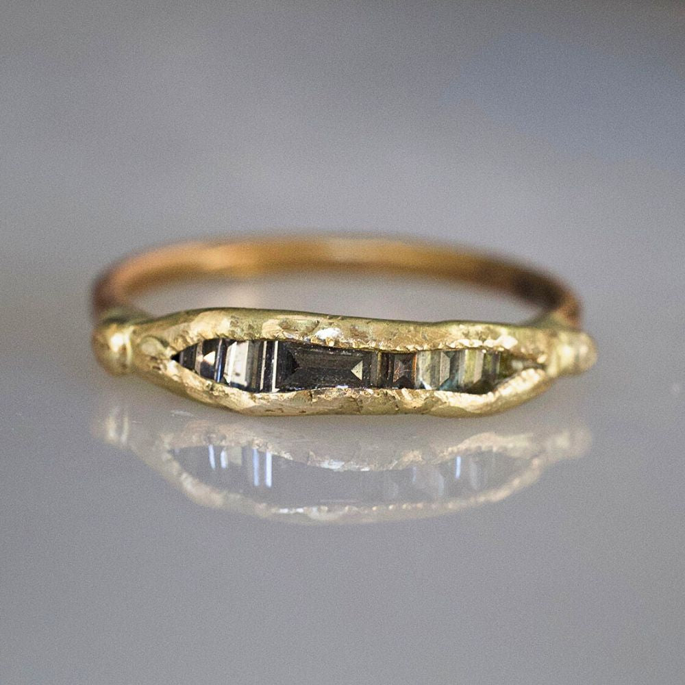 Salt and Pepper and White Baguette Diamond Band on a Yellow Gold Band