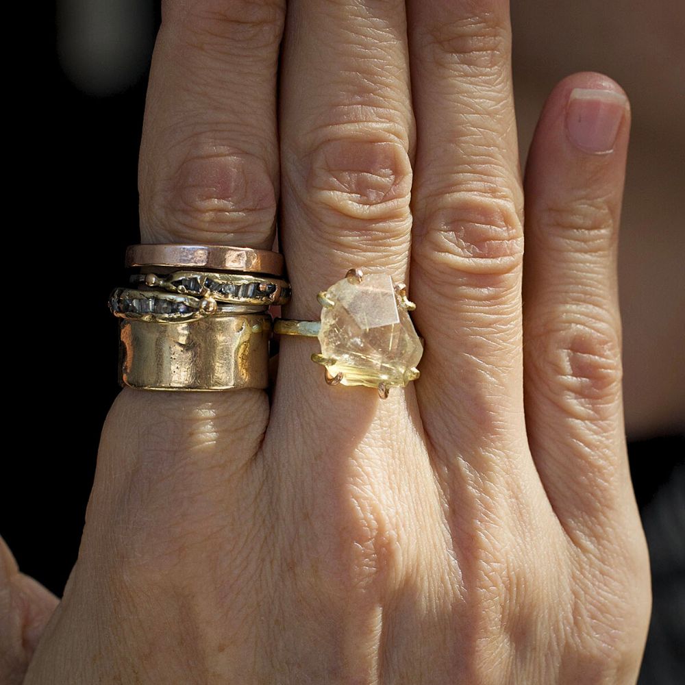 Rutilated Quartz Medium Stone Ring on our 2MM Gold Skinny Seamed Band
