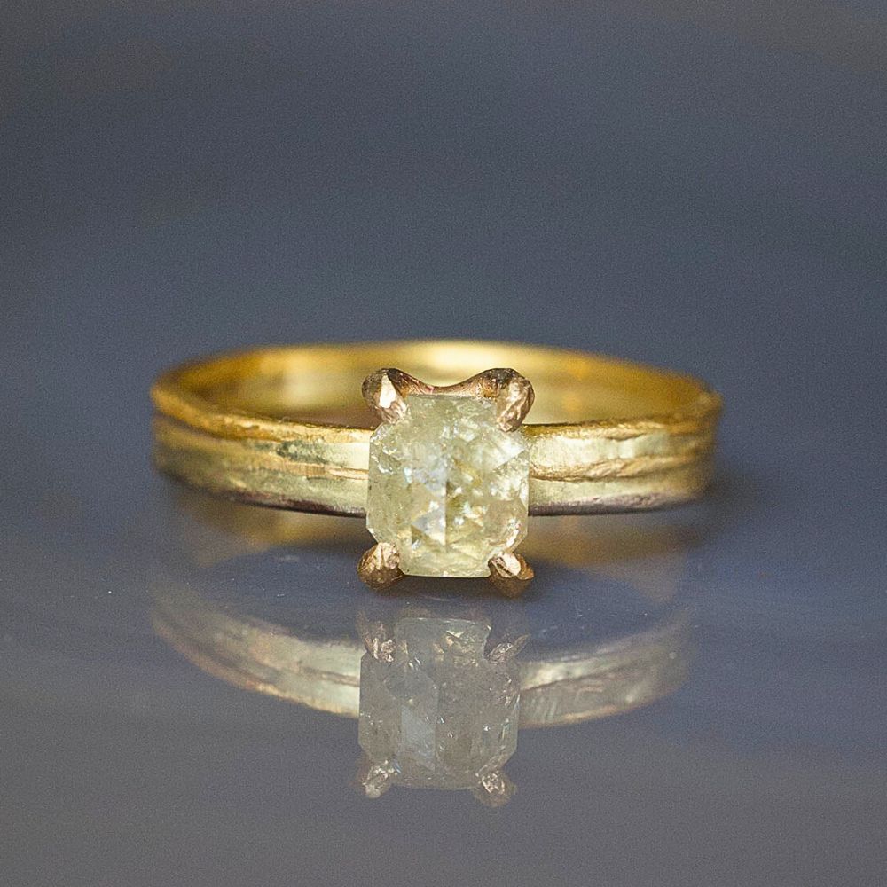 Pale Yellow Cushion Cut 1.14ct Diamond on our 3MM Gold Skinny Seamed Band