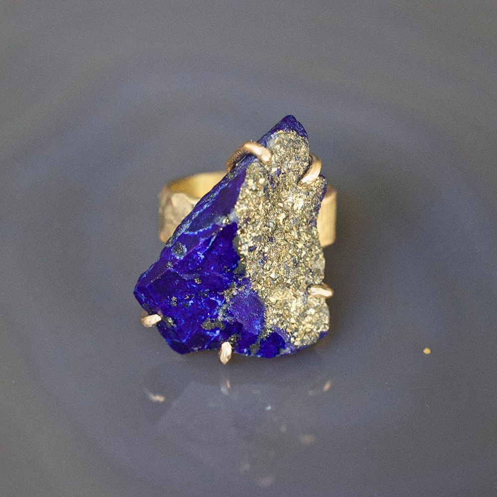 Lapis with Pyrite Large Stone Ring on our 6MM Cigar Band