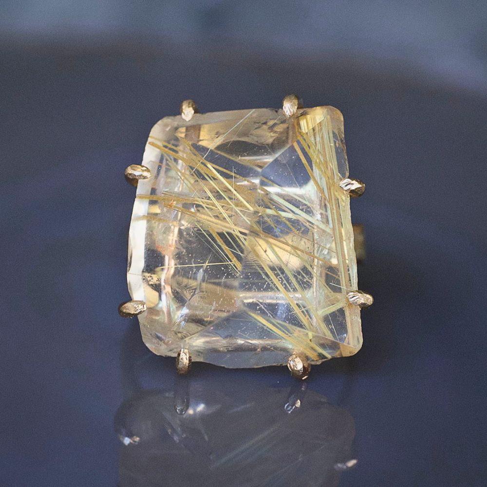 Rutilated Quartz Large Stone Ring on our 3MM Gold Skinny Seamed Band