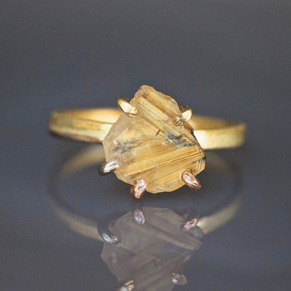 Rutilated Quartz Small Stone Ring on our 2MM Gold Skinny Seamed Band