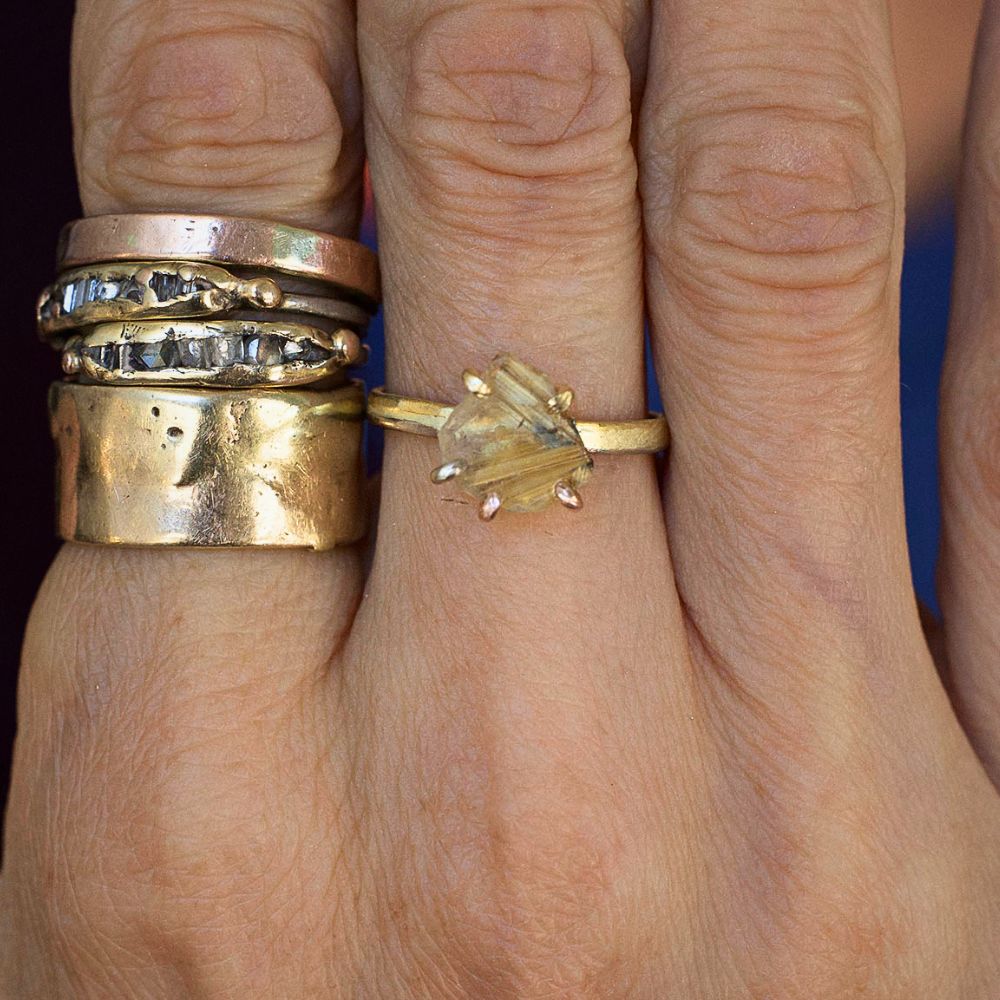 Rutilated Quartz Small Stone Ring on our 2MM Gold Skinny Seamed Band