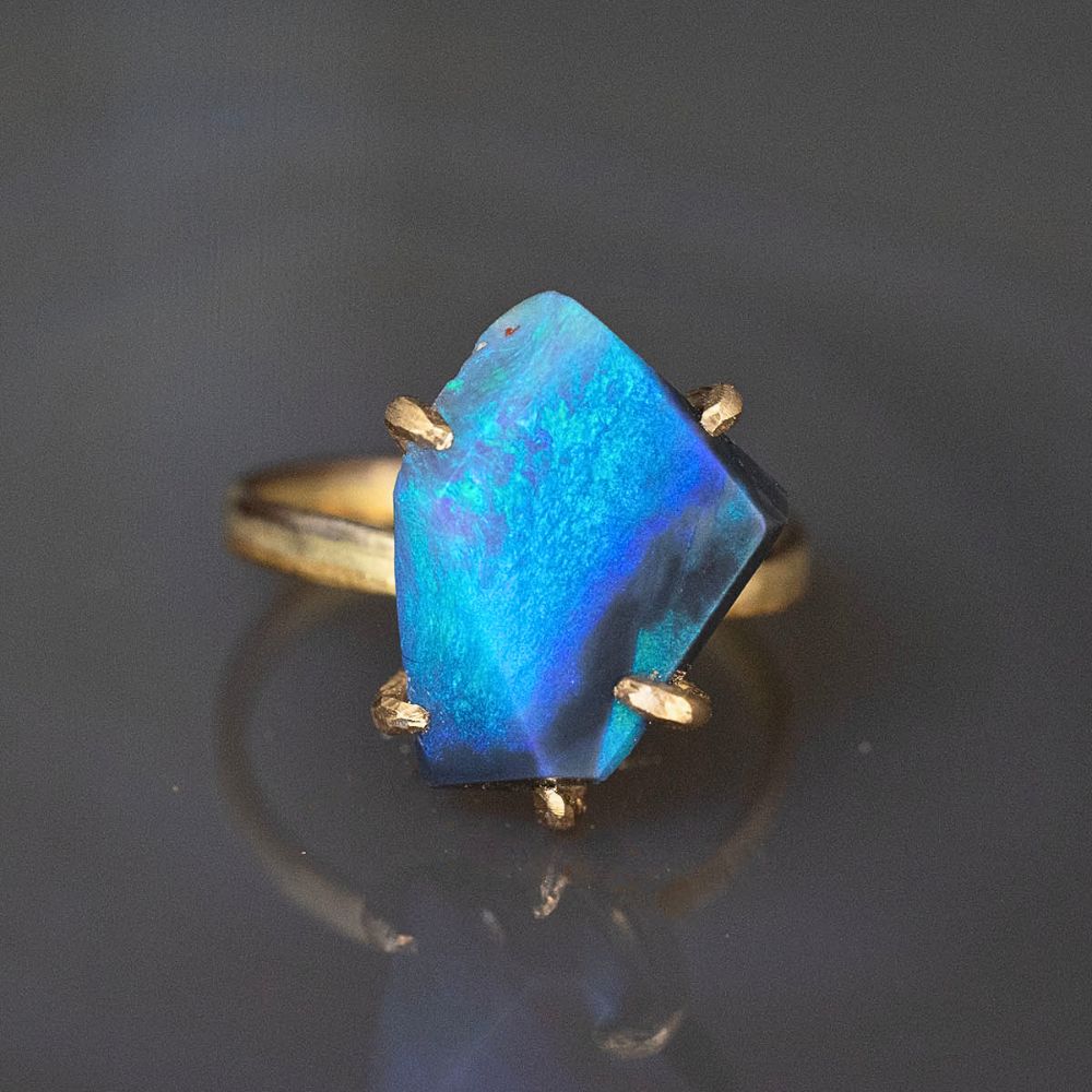 Australian Exceptional Opal Medium Stone Ring on our 2MM Gold Skinny Seamed Band