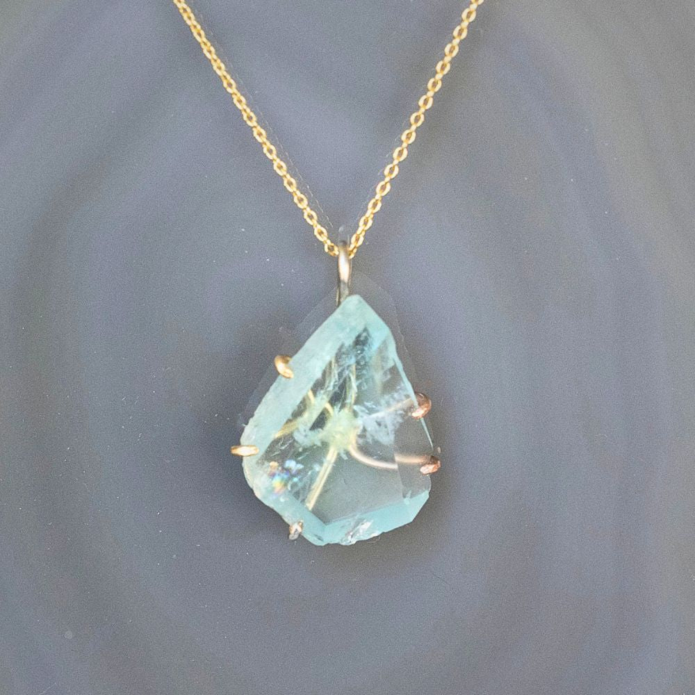 Aquamarine Large Stone Pendant with a Yellow Gold Cable Chain