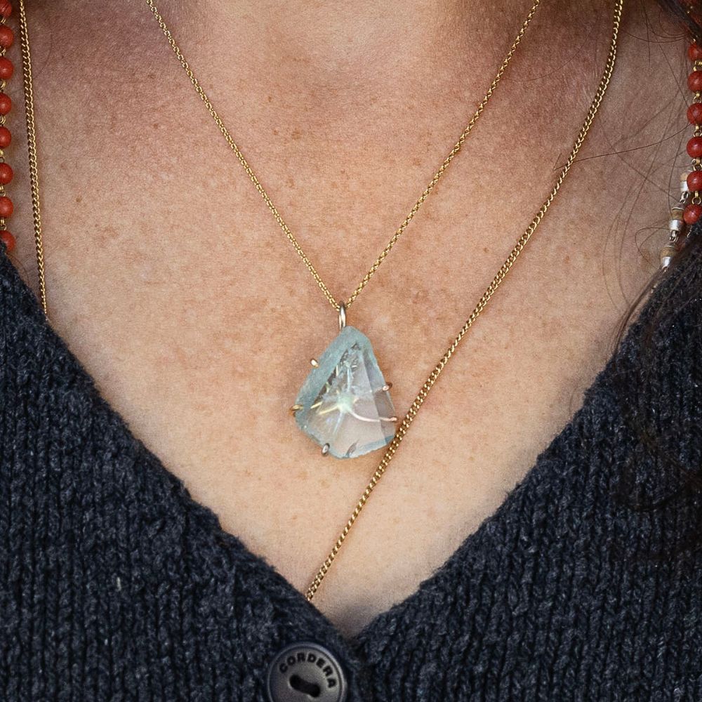 Aquamarine Large Stone Pendant with a Yellow Gold Cable Chain