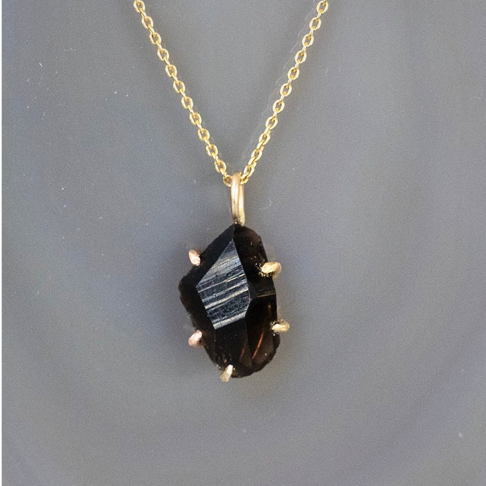 California Smoky Quartz Small Stone Pendant with a Yellow Gold Cable Chain