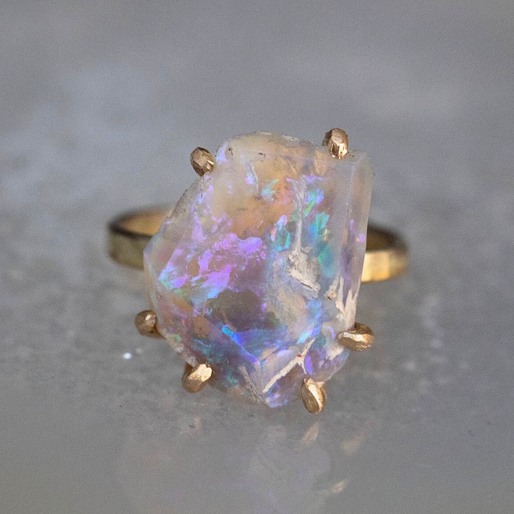 Australian Opal Medium Stone Ring on our 2MM Gold Skinny Seamed Band