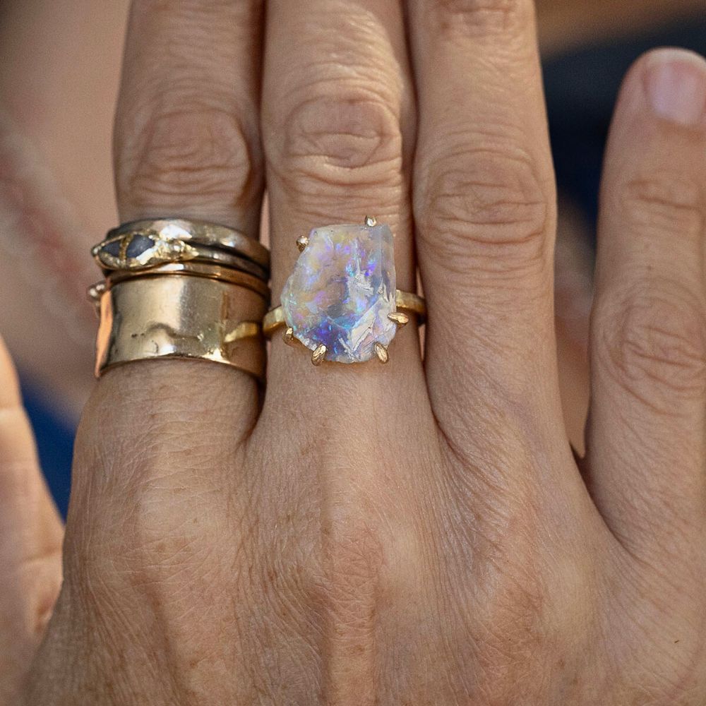 Australian Opal Medium Stone Ring on our 2MM Gold Skinny Seamed Band