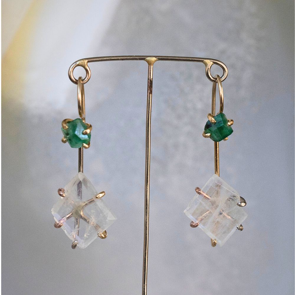 Brazilian Emerald and Rainbow Moonstone Day to NIght Earrings