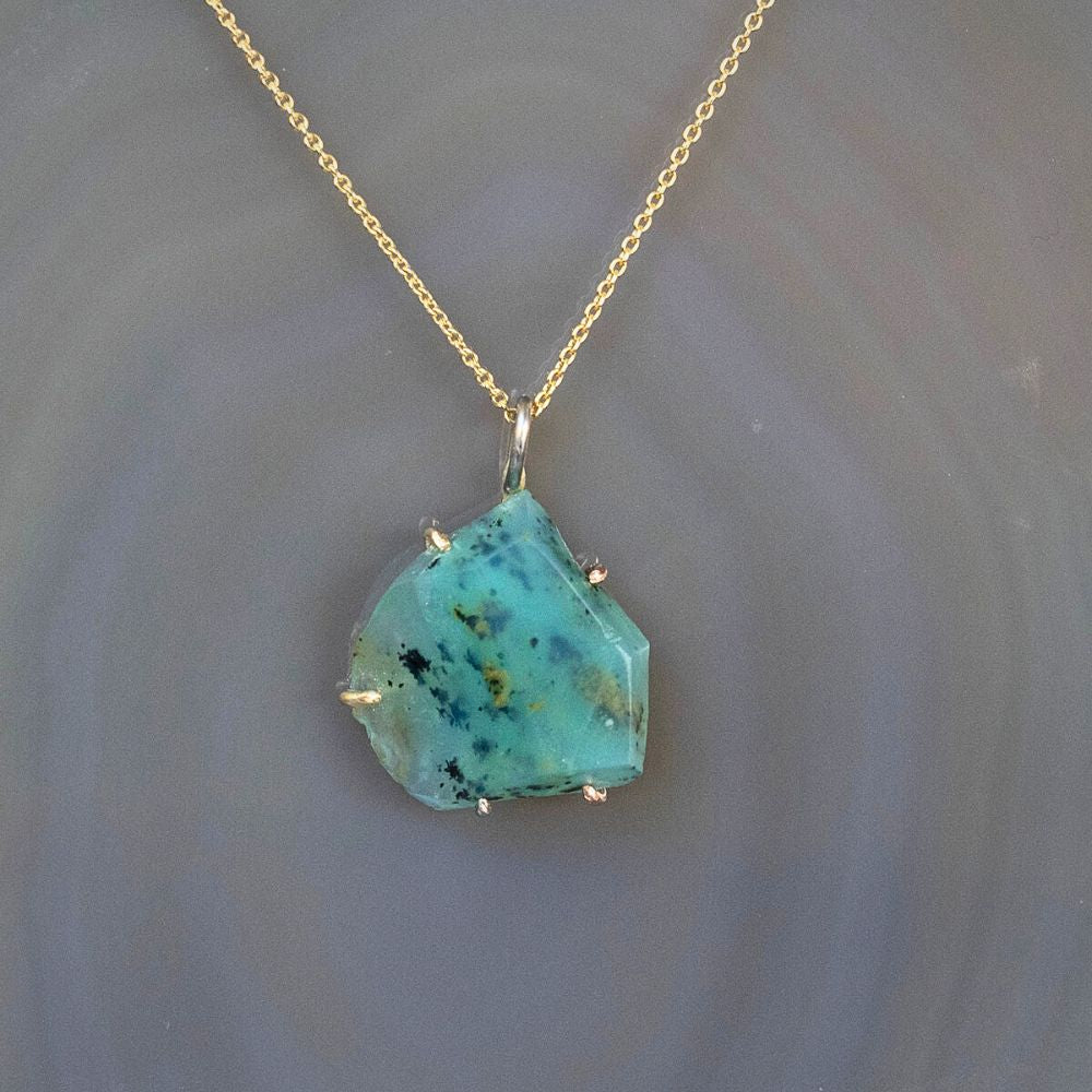 Peruvian Opal Large Stone Pendant with a Yellow Gold Cable Chain